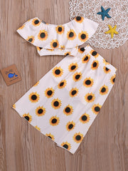 2pcs Toddler Girls Sunflower Suit Ruffle Crop Top & Irregular Skirt Set