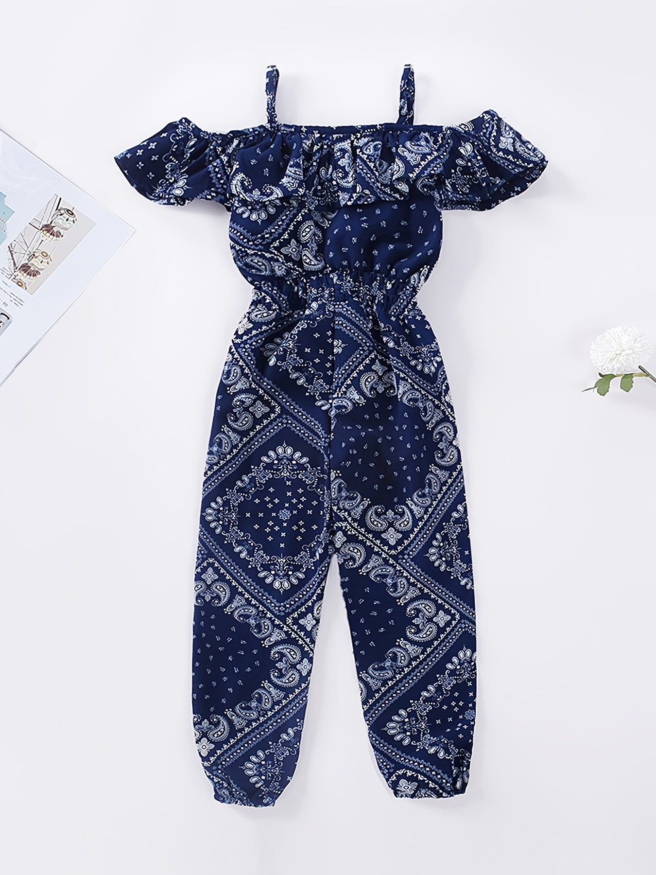 Girls Cold Shoulder Ruffles Ethnic Abstract Pattern Romper Jumpsuits Overalls