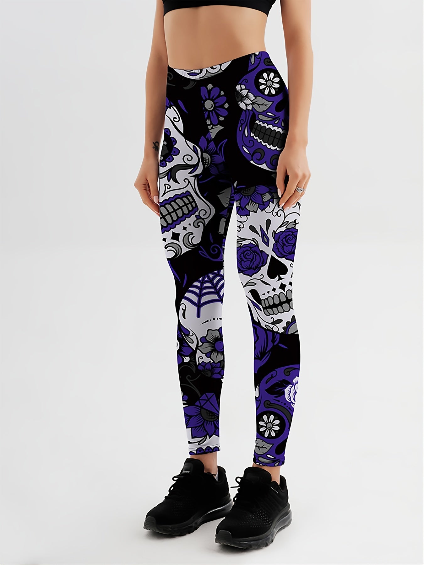 Flower & Skull Print Yoga Leggings Halloween Fitness Workout Pants