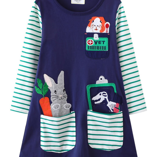 Girls Striped Print Rabbit Patchwork Dress Spring Fall