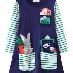 Girls Striped Print Rabbit Patchwork Dress Spring Fall