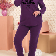 Women's Plus Envelope & Slogan Print Long Sleeve Tee & Joggers Set
