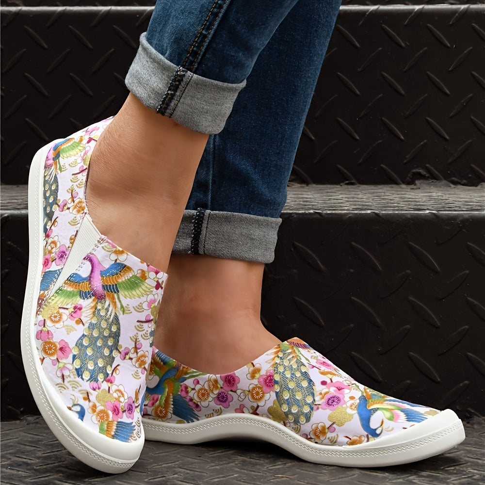 Pink Phoenix Pattern Flat Slip On Shoes Women's Shallow Mouth Casual Shoes