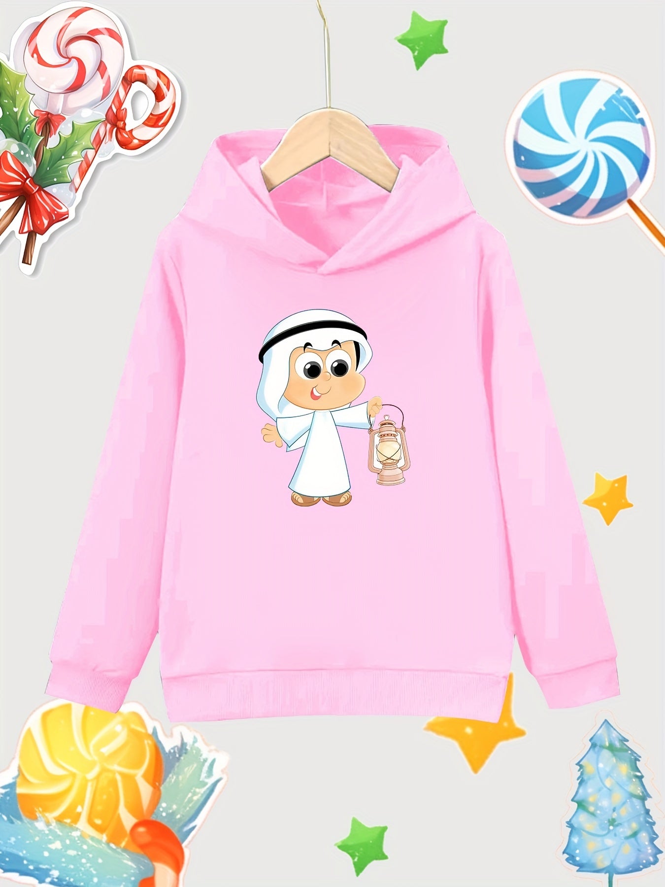 Cartoon Boy Pattern Girl's Cotton Hoodie Active Hooded Sweatshirt