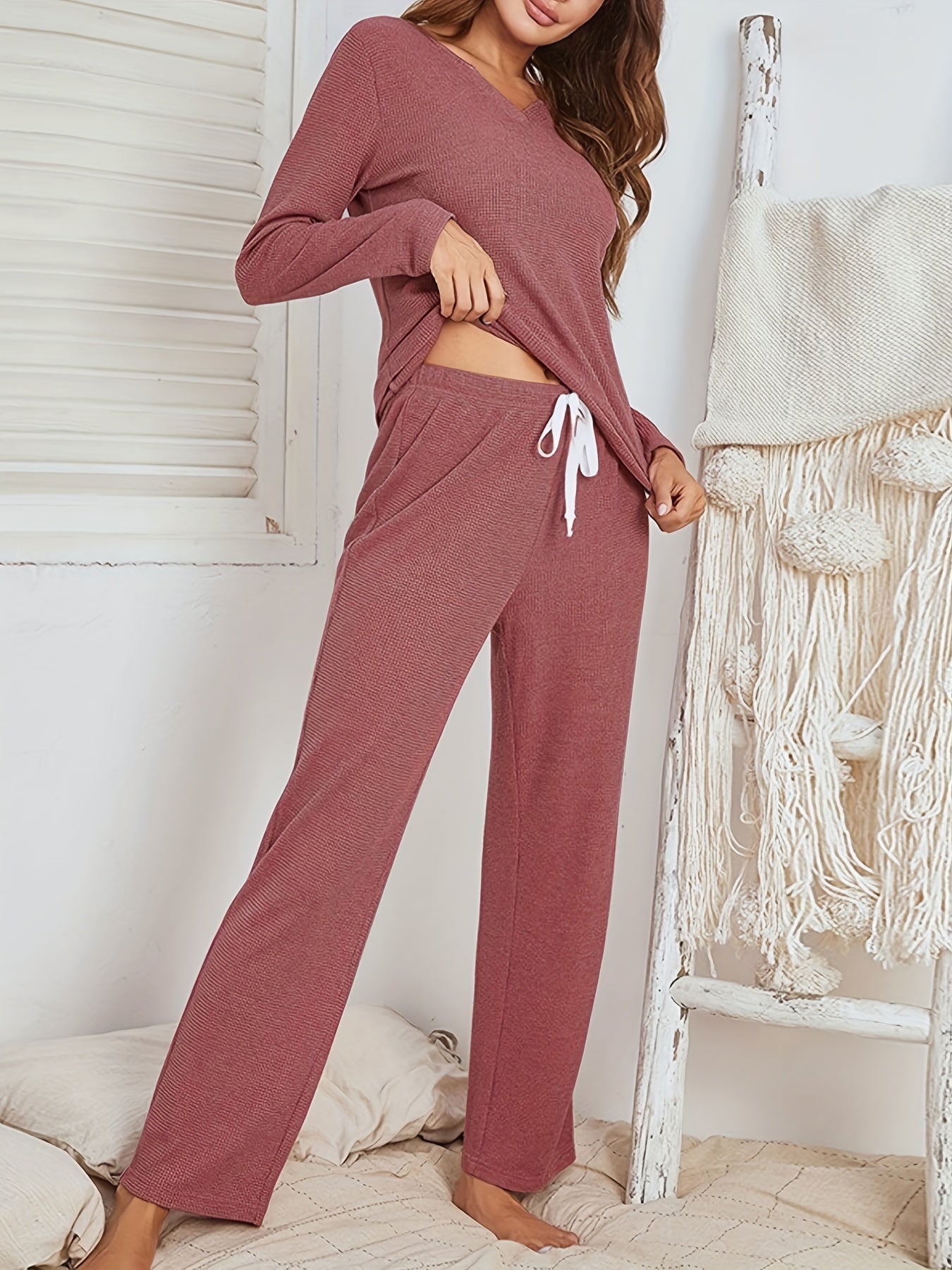 Waffle Lounge Set Long Sleeve V Neck Top & Pants