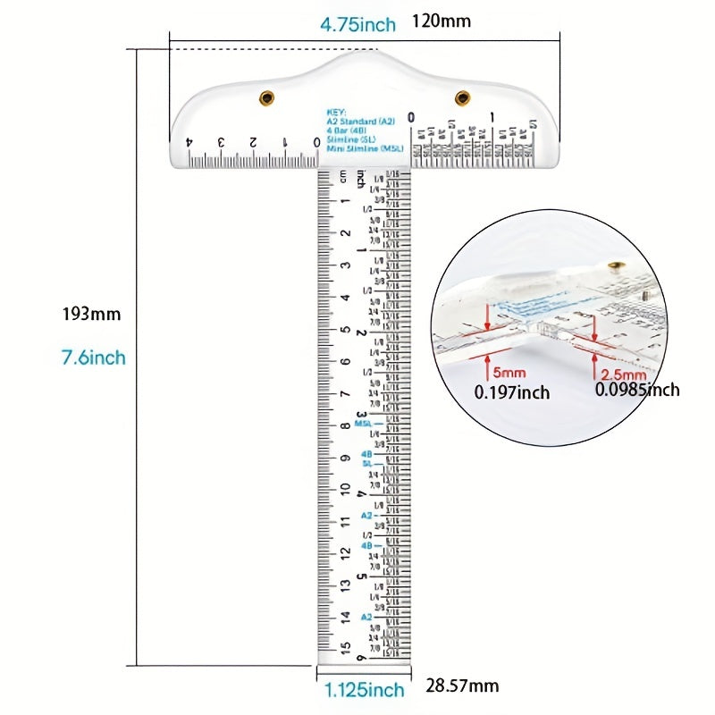 6-Inch T-Shape Acrylic Transparent Ruler - Crafting, Scrapbooking, Drafting