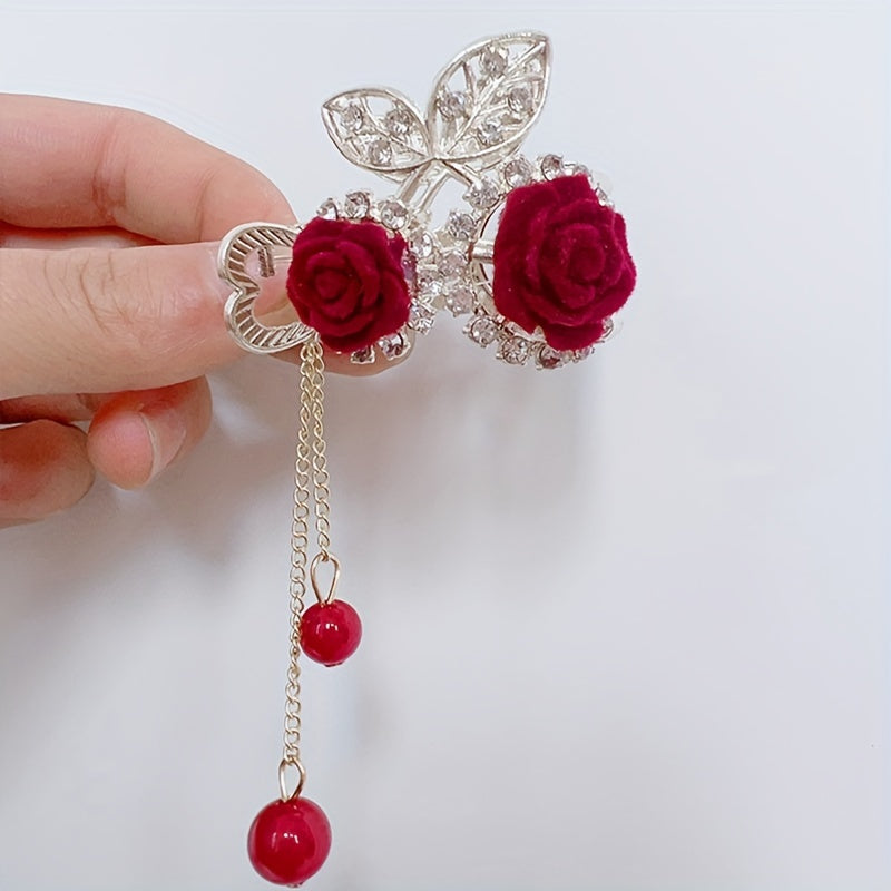 Vintage Hair Clip Cherry Rose Tassel Hair Accessory