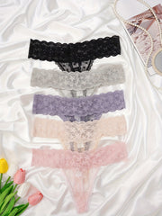 5pcs Floral Lace Thongs Sexy Semi Sheer Trim Panties Women's Lingerie