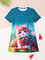 Sweet Flower Cat Print Crew Neck Short Sleeve Dress For Summer Party
