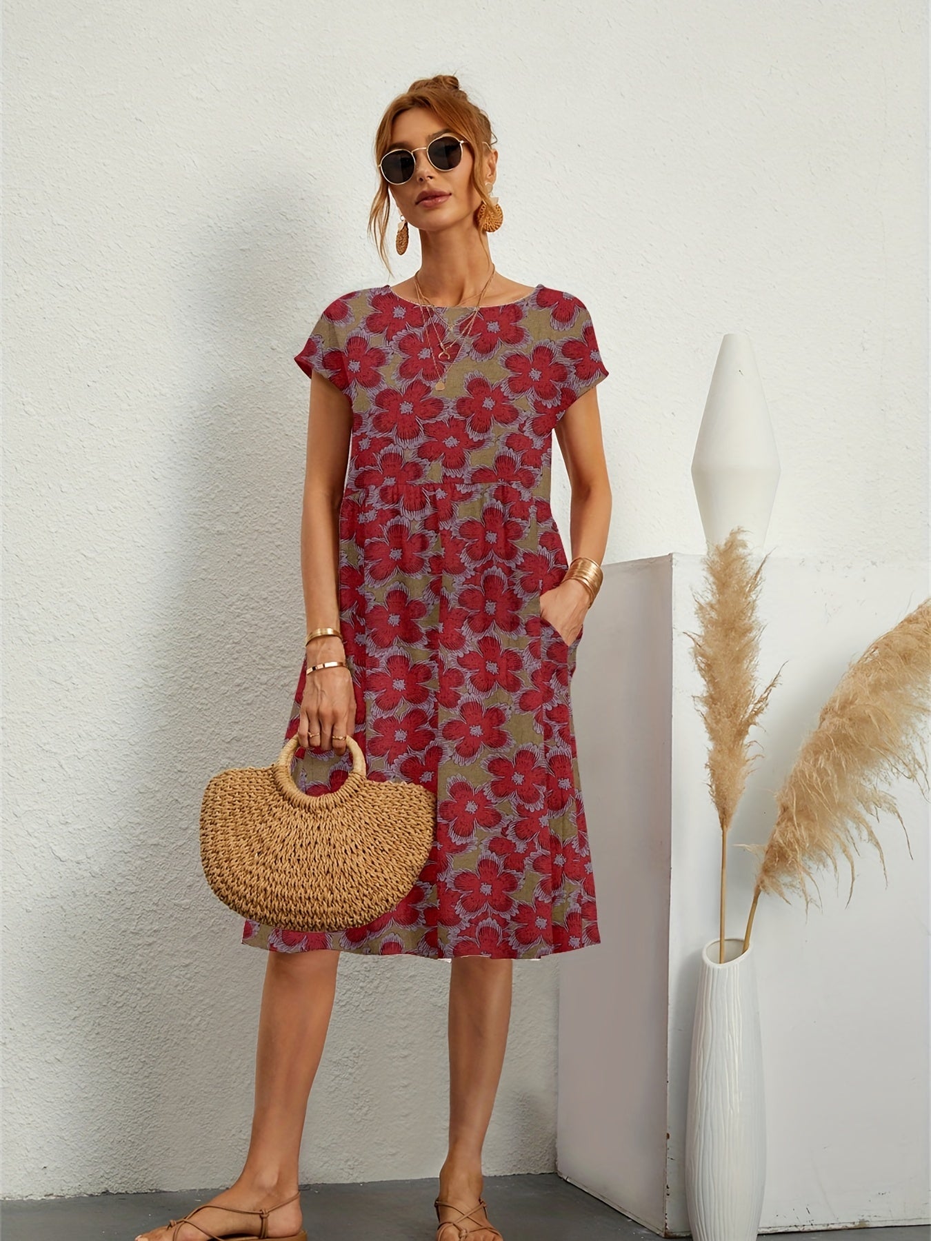Floral Print Short Sleeve Dress Vintage Style