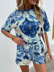 Floral Print Two-piece Set Short Sleeve T-shirt & Shorts Outfit