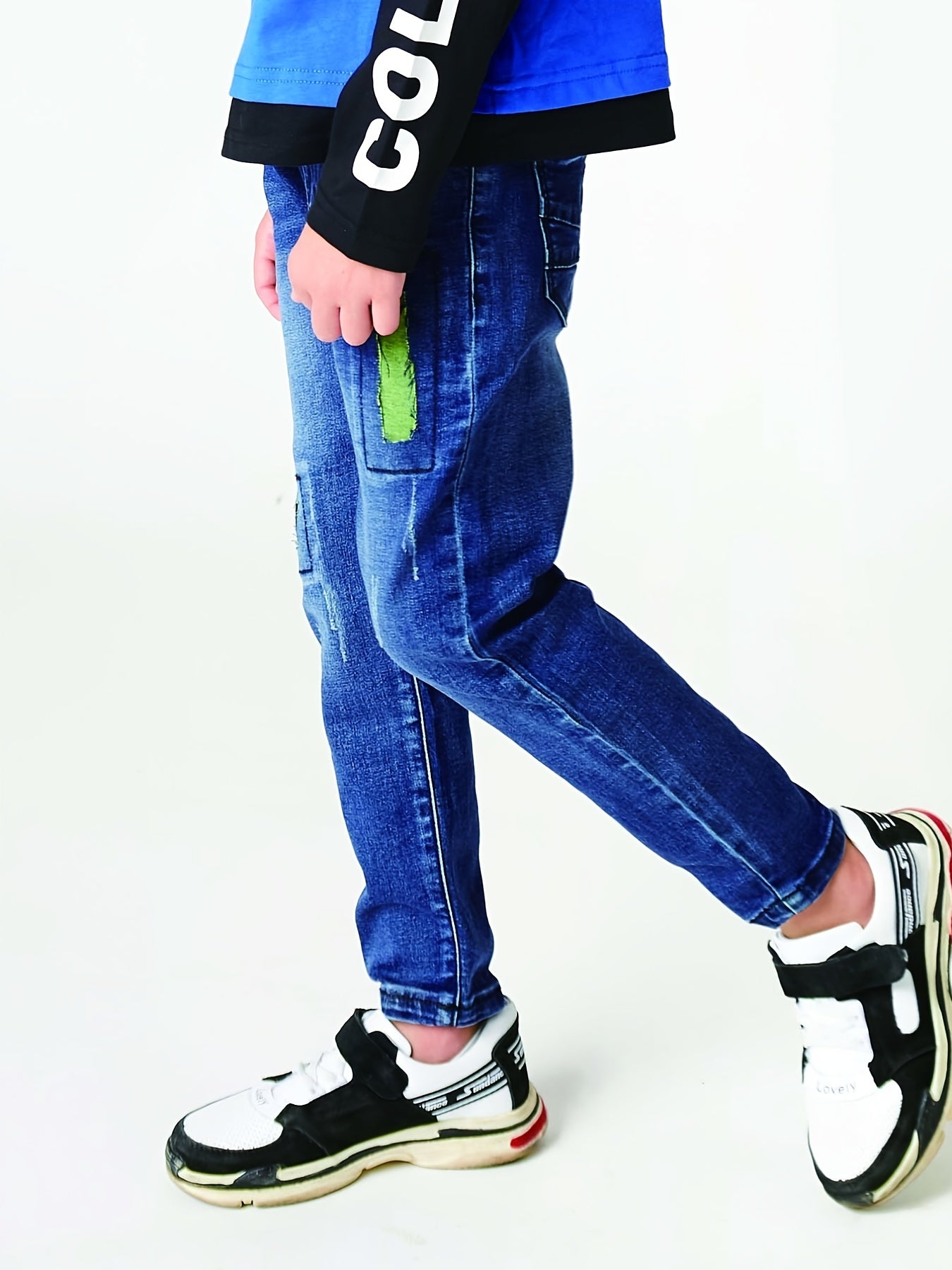 Boys Casual Vintage Denim Jeans Ripped Patch Straight Leg Pants