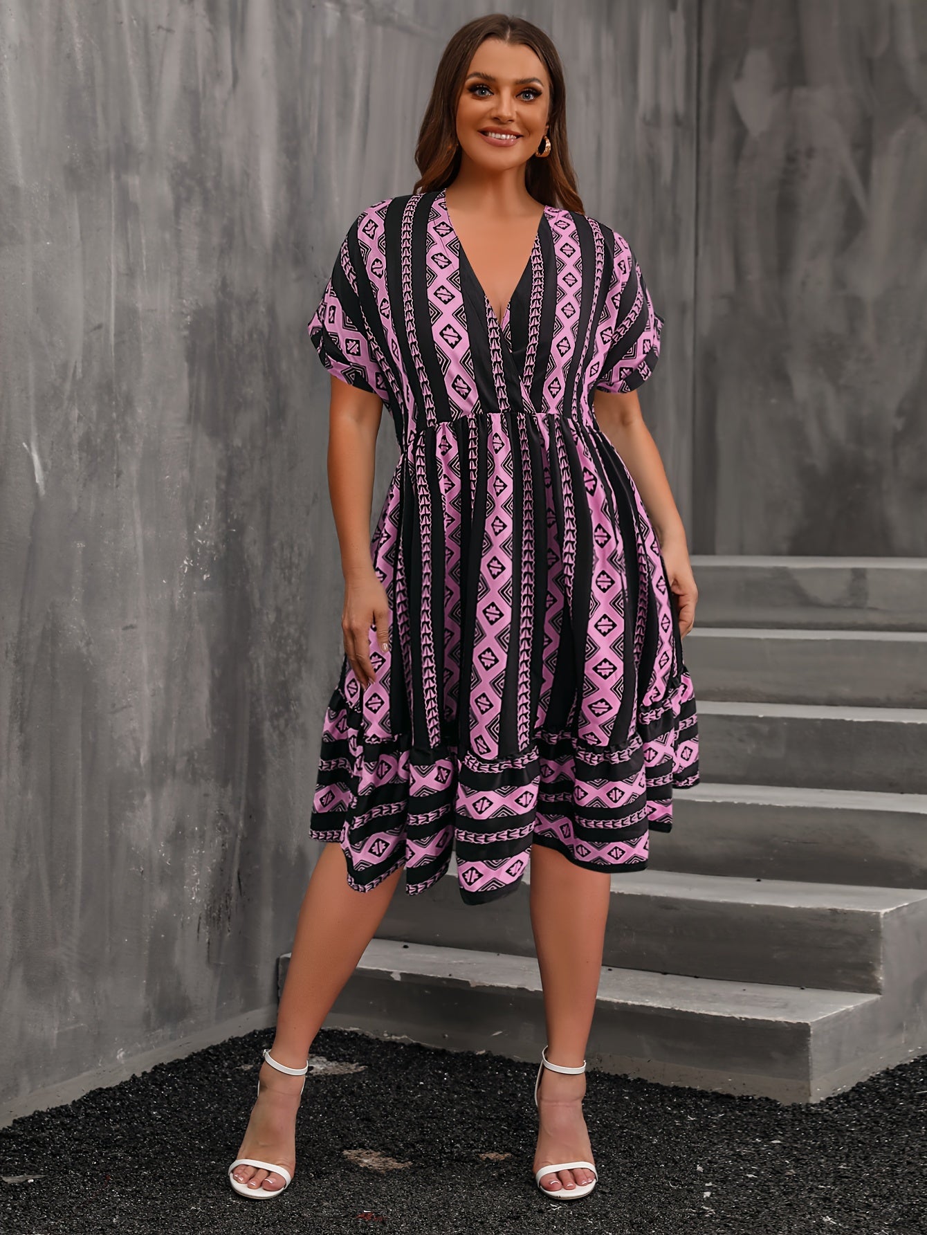 Colorblock Argyle Print Batwing Sleeve V Neck Mini Dress