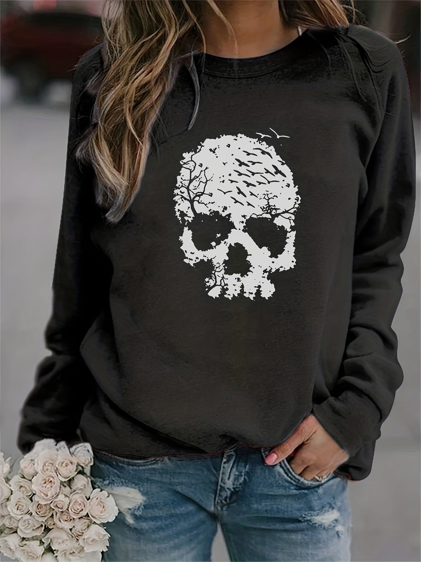 Halloween Skull Print Sweatshirt Long Sleeve Crew Neck Women's Clothing