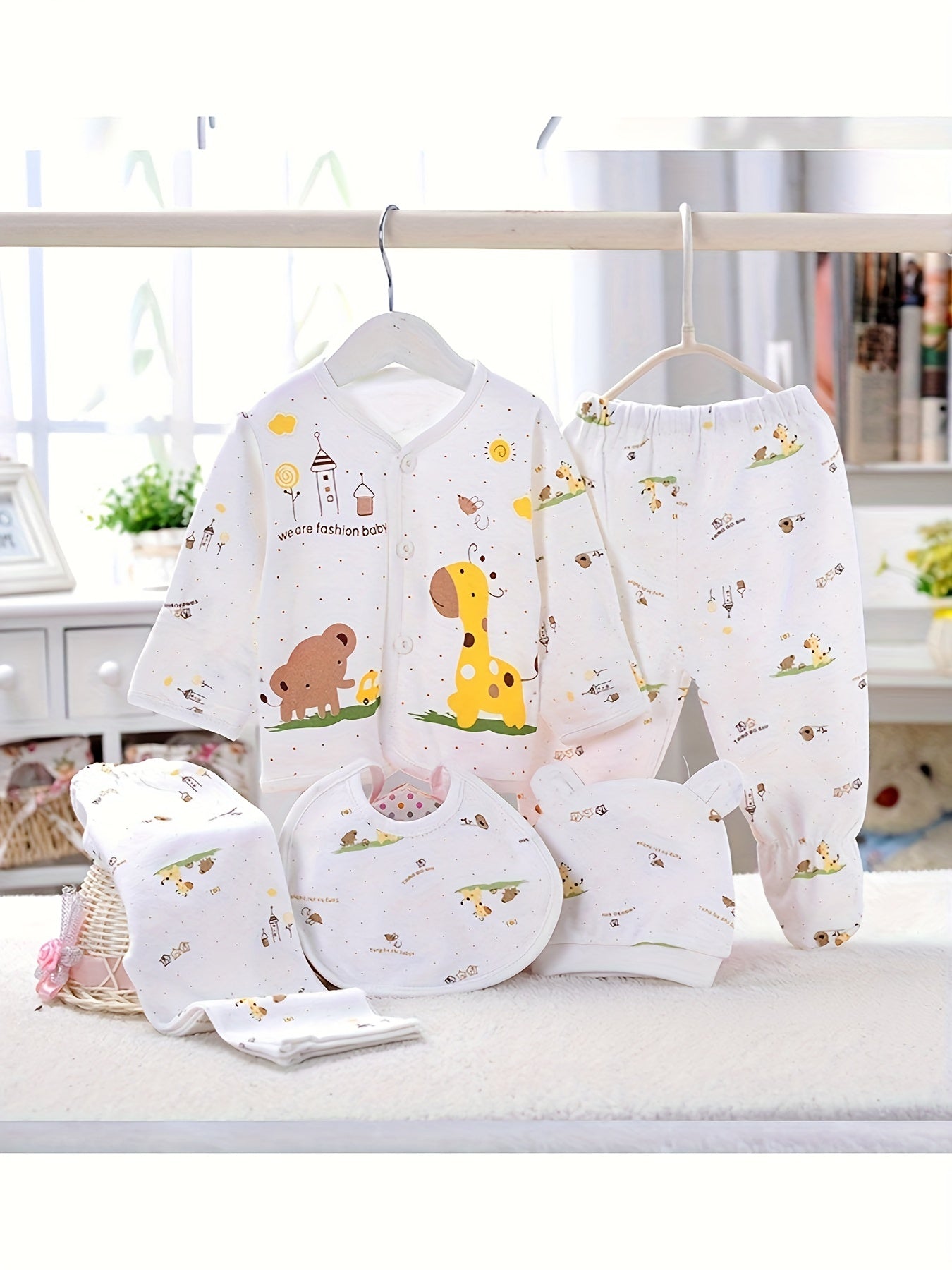 Newborn Baby 5pcs Outfit Pregnancy Cardigan Top Trousers Bib Hat Set