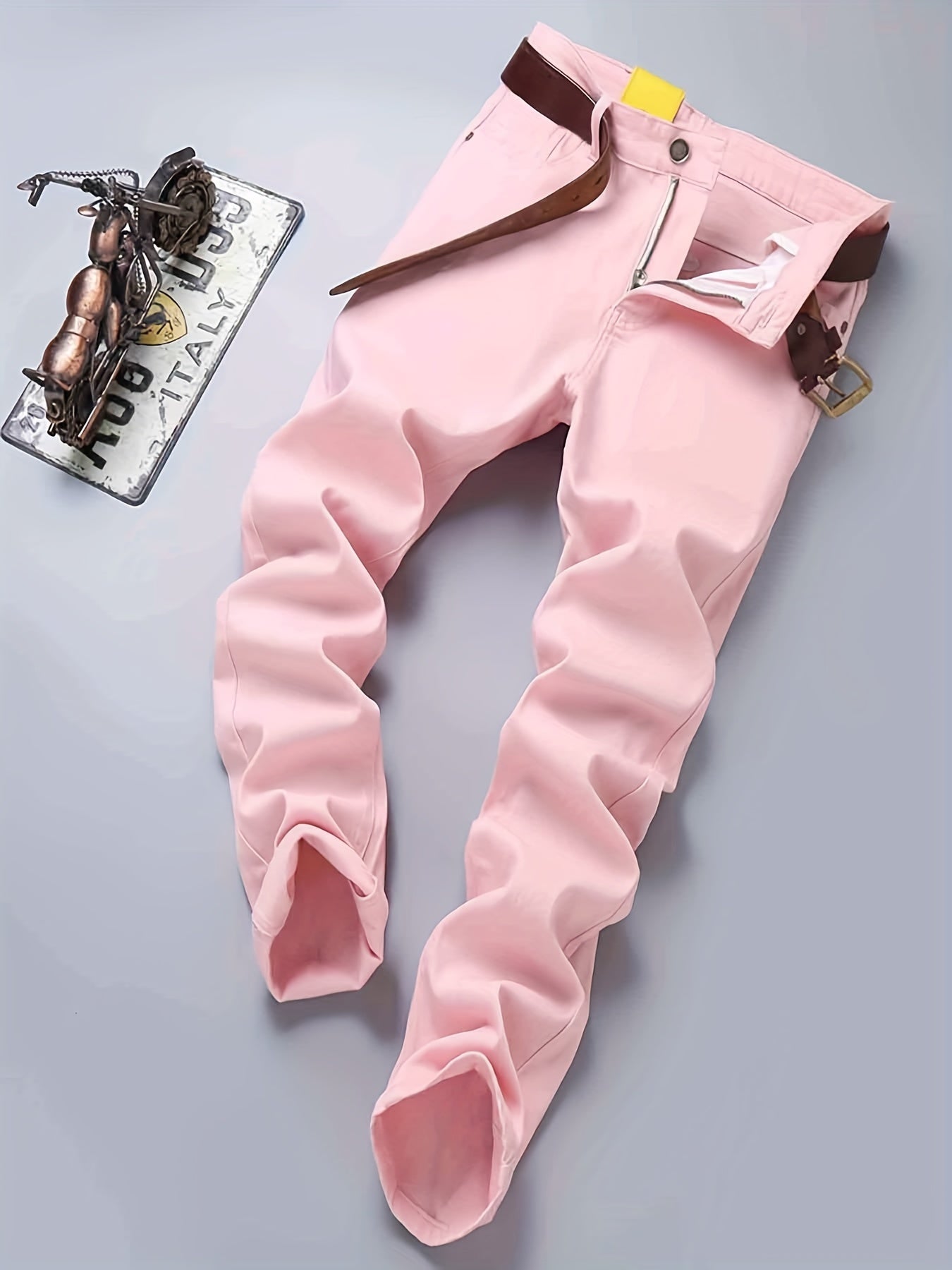 Pink Cotton Blend Jeans Men's Casual Street Style Denim Pants