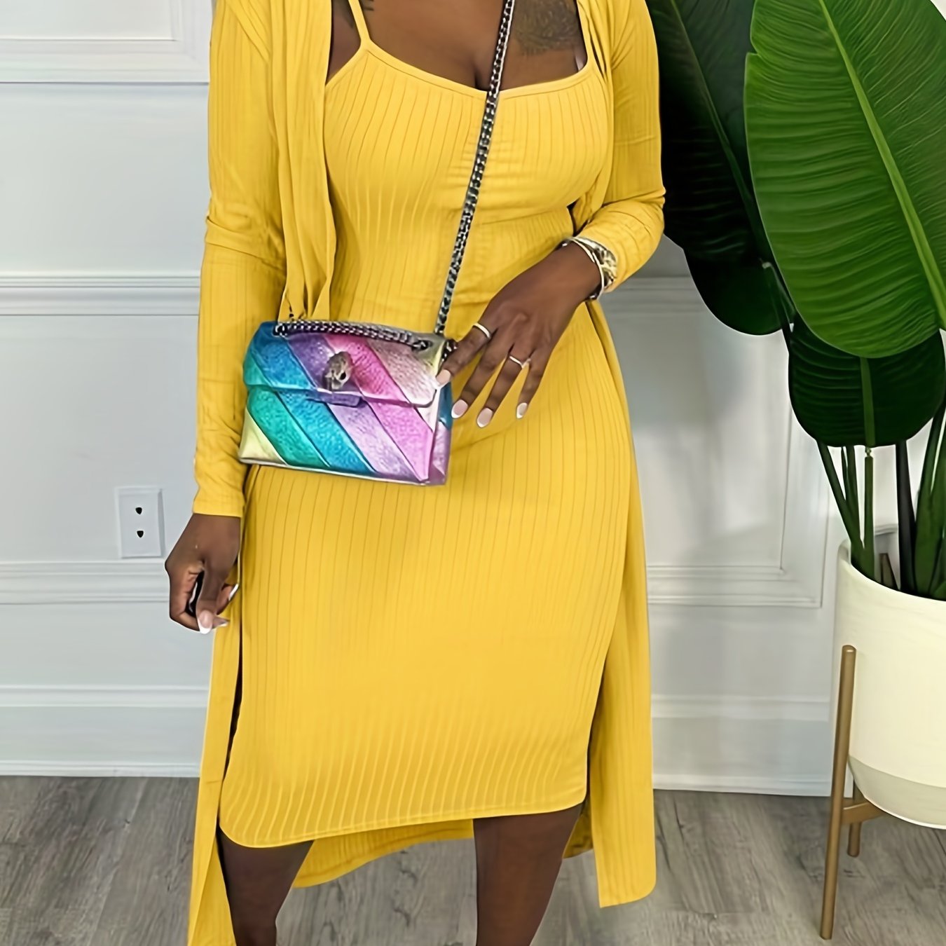Solid Casual Two piece Set Cardigan & Midi Dress Women's Clothing
