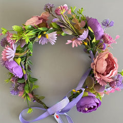 Bohemian Floral Wreath Headband with Purple & Pink Flowers Ribbon Bow