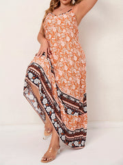 Boho Dress Women's Plus Border Floral Print V Neck Slight Stretch Maxi