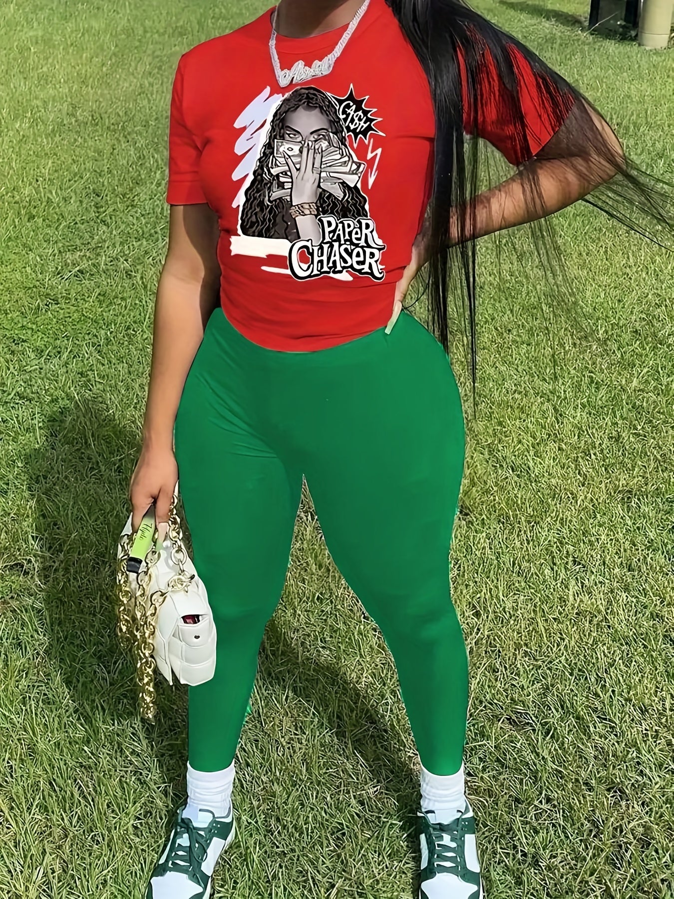 Figure Print Short Sleeve Tops & Solid Long Length Pants Outfit