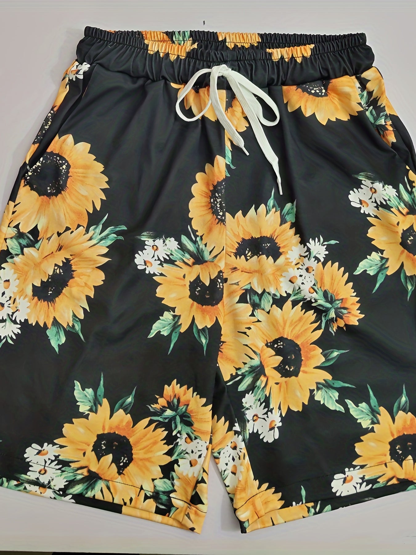 Sunflower Print Shorts Elastic Waist Summer Shorts Women's Clothing