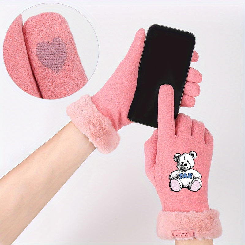 Women's Bear Pattern Print Gloves for Autumn and Winter