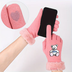 Women's Bear Pattern Print Gloves for Autumn and Winter