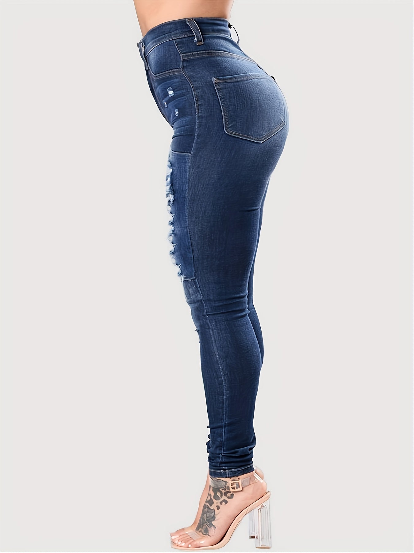 Navy Ripped Holes Skinny Leg Jeans Distressed Skinny Denim Pants
