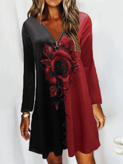 Floral Print Zip V Neck Dress Long Sleeve Casual Mini Dress