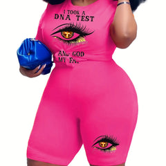 Women's Slogan & Eye Print Top & Shorts Set