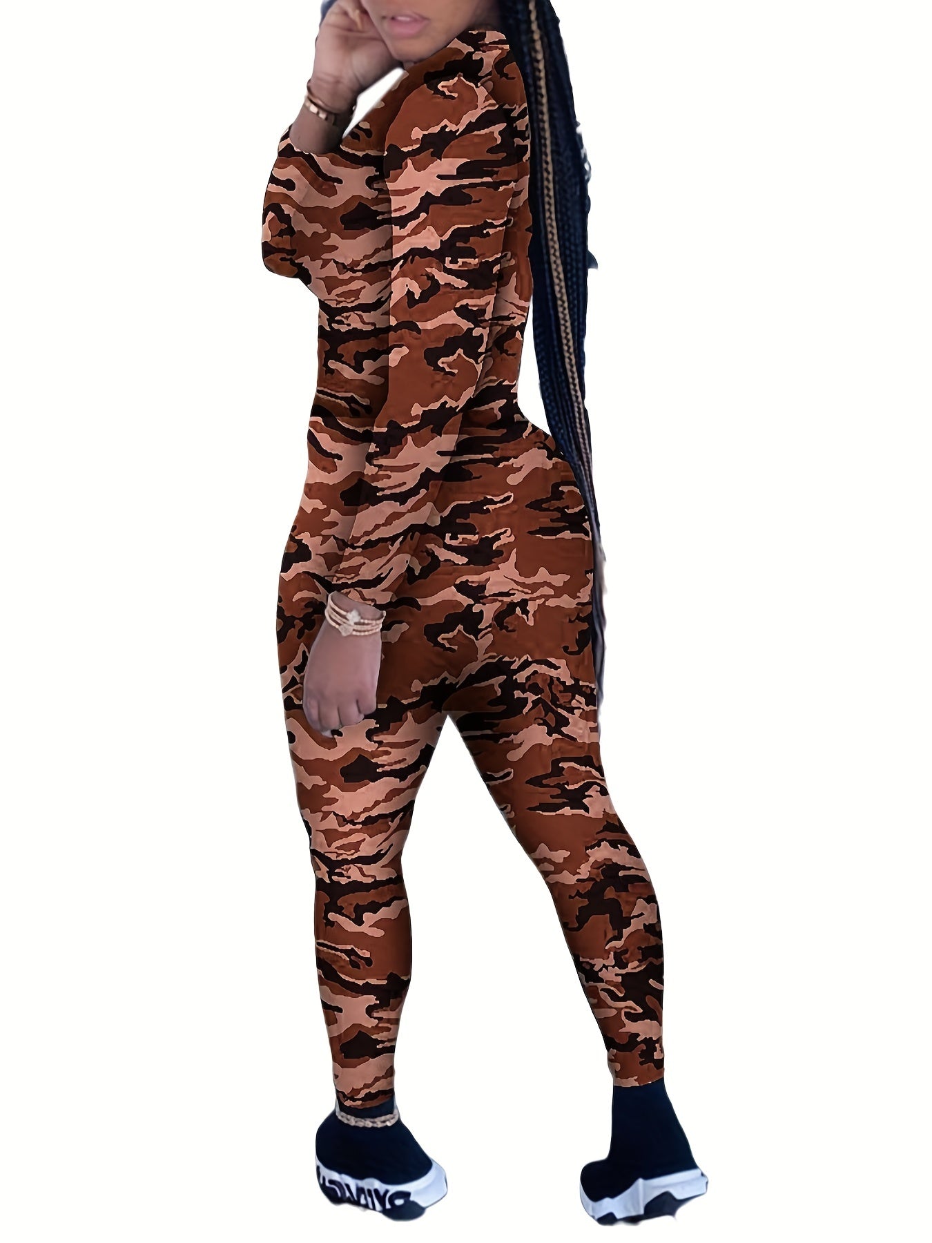 Camo Print Casual Two piece Set Zipper Long Sleeve Tops & Long Length Pants
