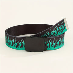 Men's Flame Pattern Auto Buckle Belt Casual Jeans Pants Waist Strap