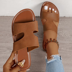Women's Flat Sports Slides Faux Leather Outdoor Slippers