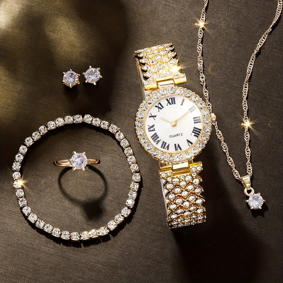 Rhinestone Decorated Quartz Watch & 5pcs Jewelry Set for Girls