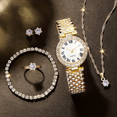 Rhinestone Decorated Quartz Watch & 5pcs Jewelry Set for Girls