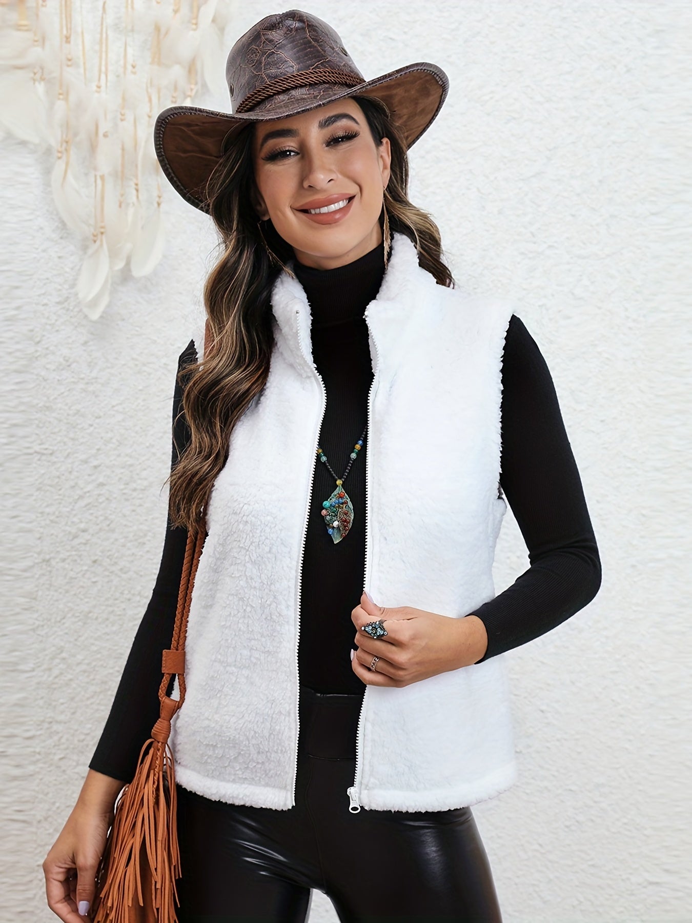 Sleeveless Zip Up Teddy Vest Stand Collar Casual Solid Women's Vest