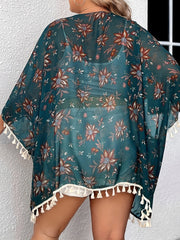 Floral Print Tassel Trim Kimono Cardigan