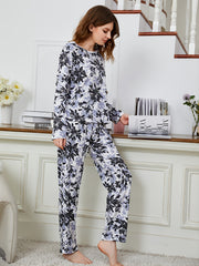 Women's Leaves Print Warm Long Sleeve Pajama Set