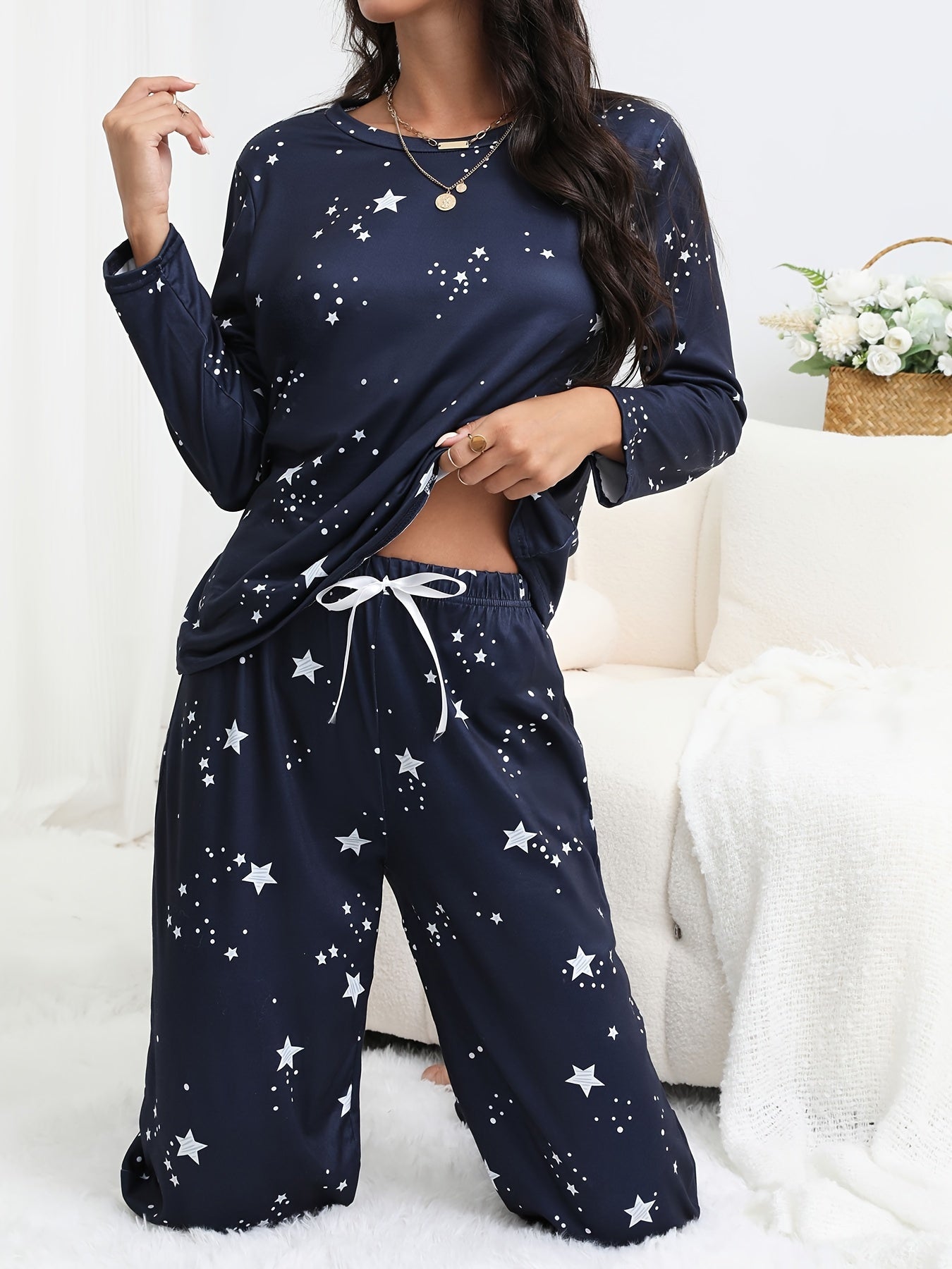 Starry Print Pajama Set Long Sleeve Crew Neck Top & Pants Sleepwear