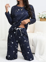 Starry Print Pajama Set Long Sleeve Crew Neck Top & Pants Sleepwear
