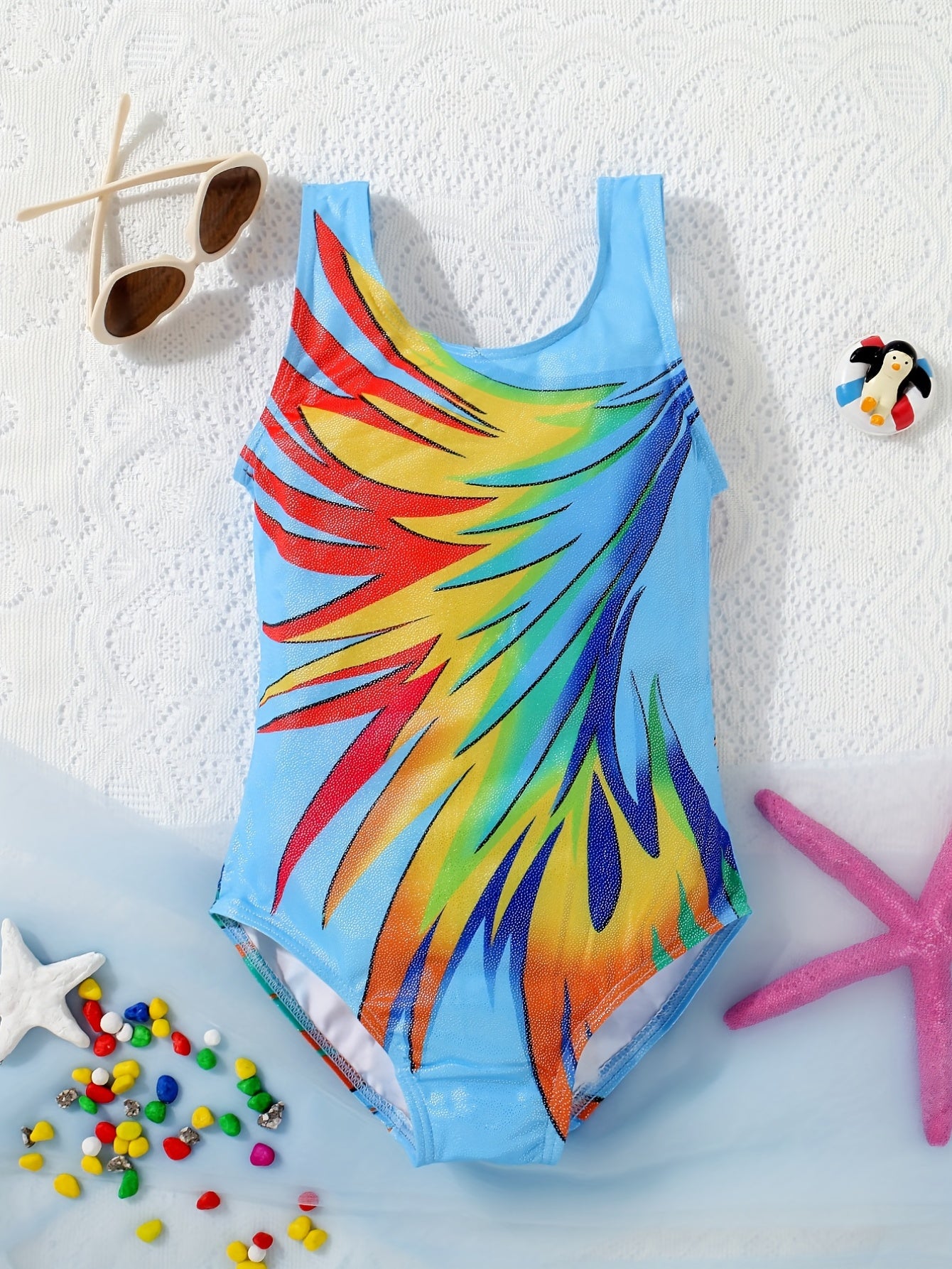 Girls Rainbow One Piece Swimsuit Sparkly Pattern Summer Swimwear