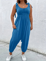 Plus Size Tie Shoulder Solid Jumpsuit Round Neck Tapered Leg