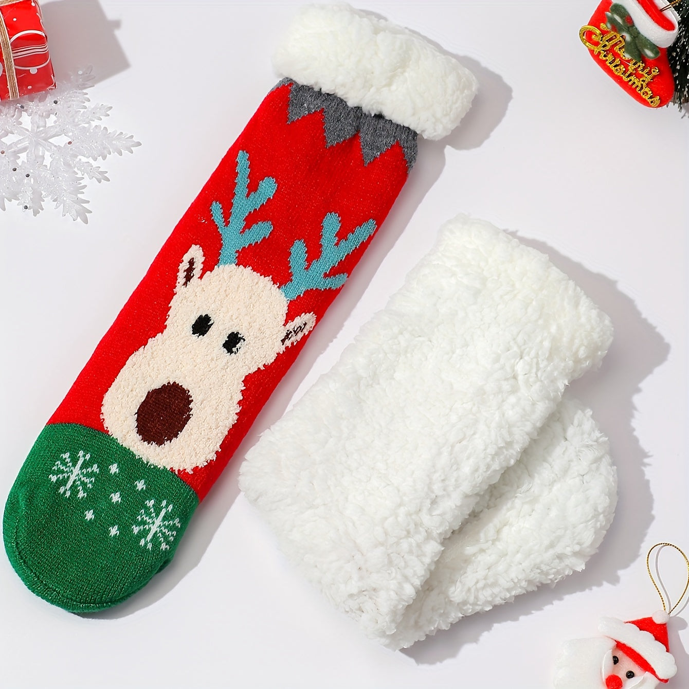 6 Pairs Christmas Elk Print & Plush Lined Women's Socks