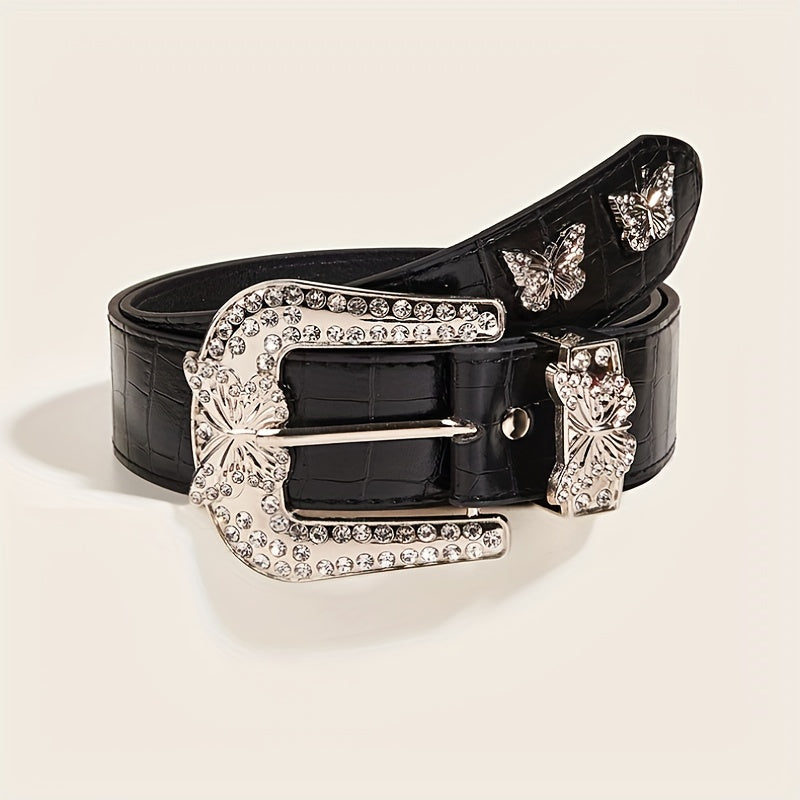 Y2K Butterfly Rhinestone Wide Belt Inset Style Sparkling Cowboy Belt
