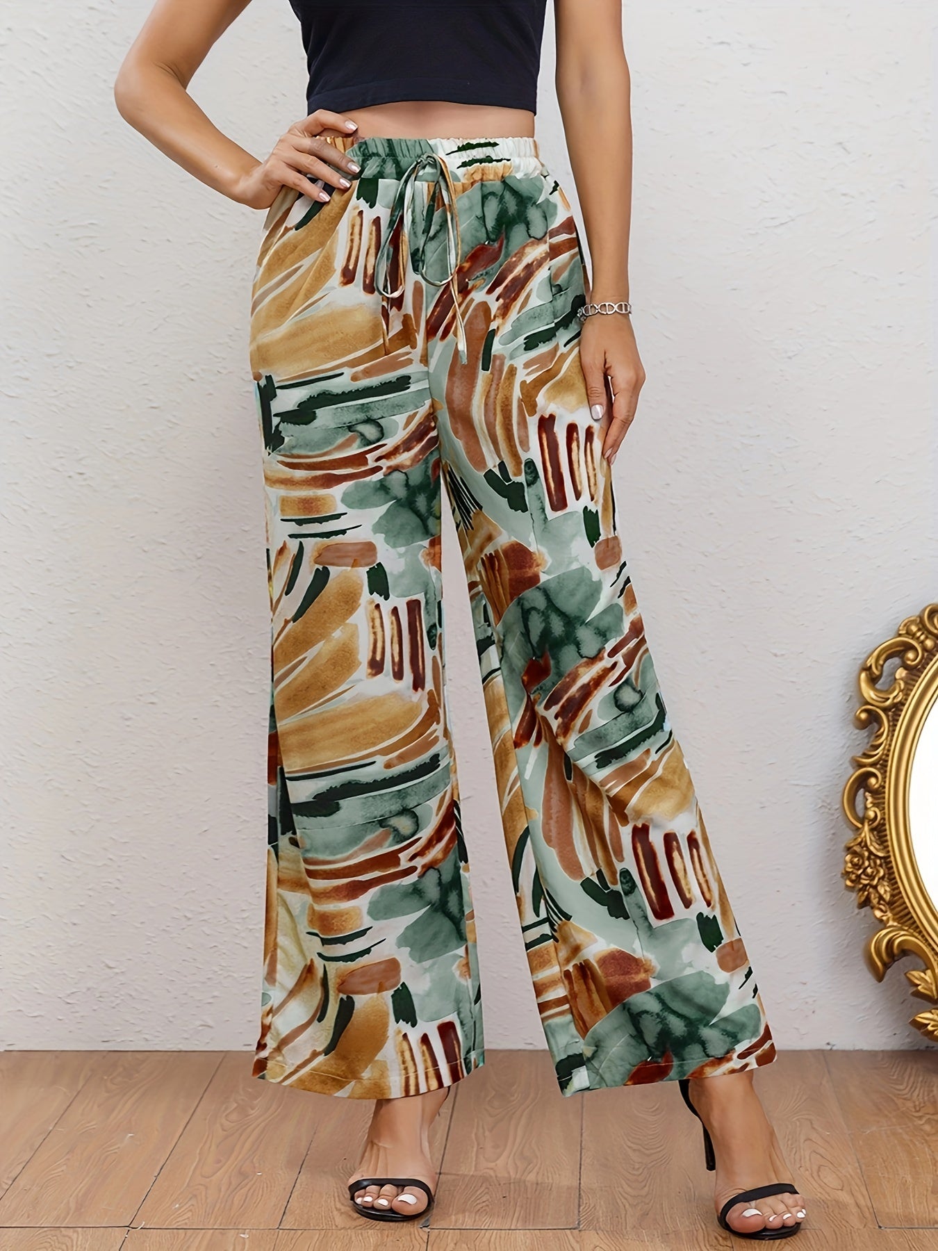 Abstract Print Wide Leg Pants Casual Drawstring Waist Random Print Pants