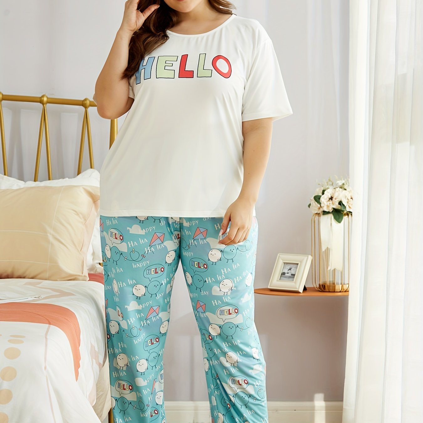 Loungewear Set Women's Plus T shirt & Eggs Print P