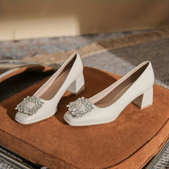 Rhinestone Chunky Heel Pumps Comfortable Slip-On Shoes for Women