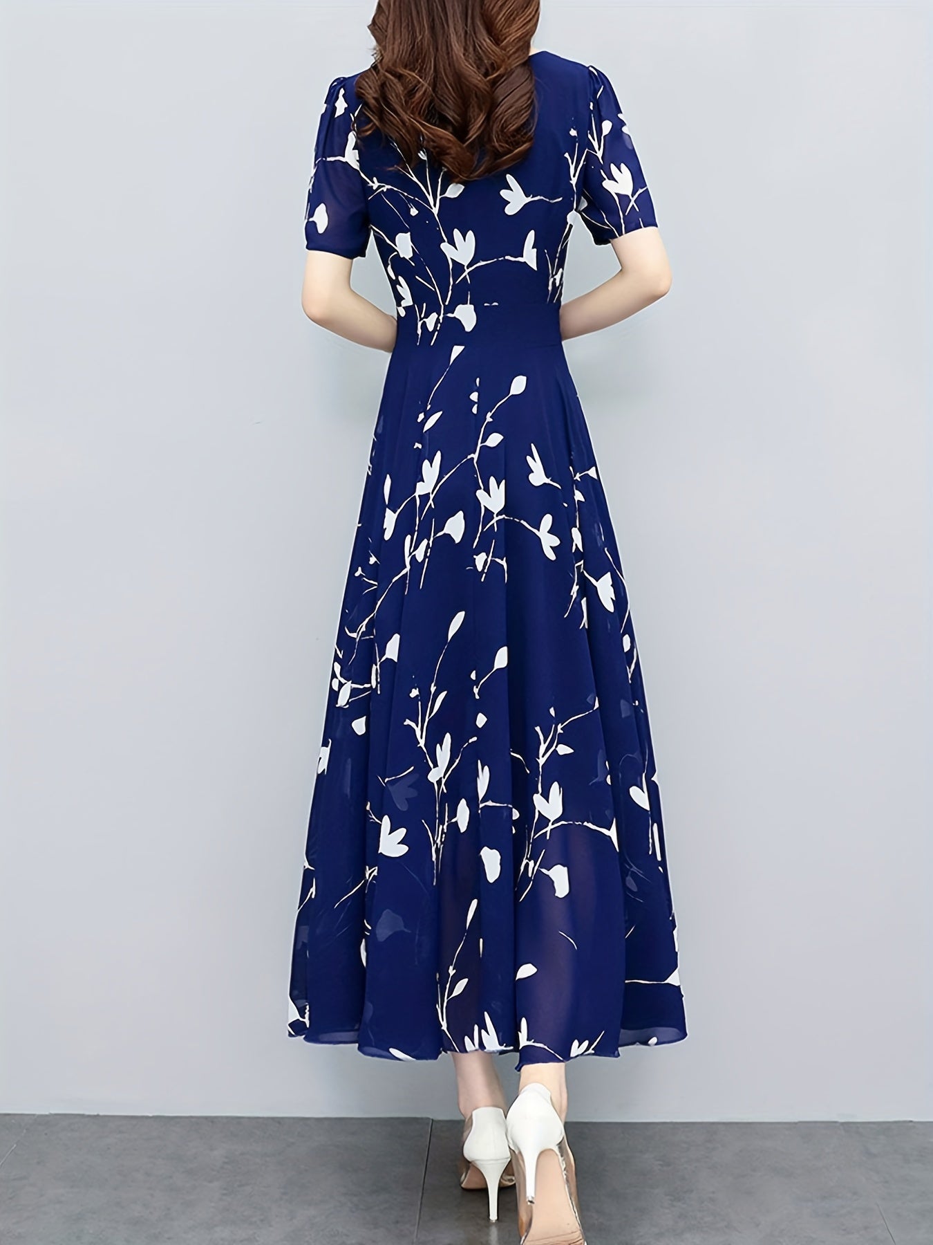 Floral Print Pleated Dress V Neck Maxi Dress Women's Clothing