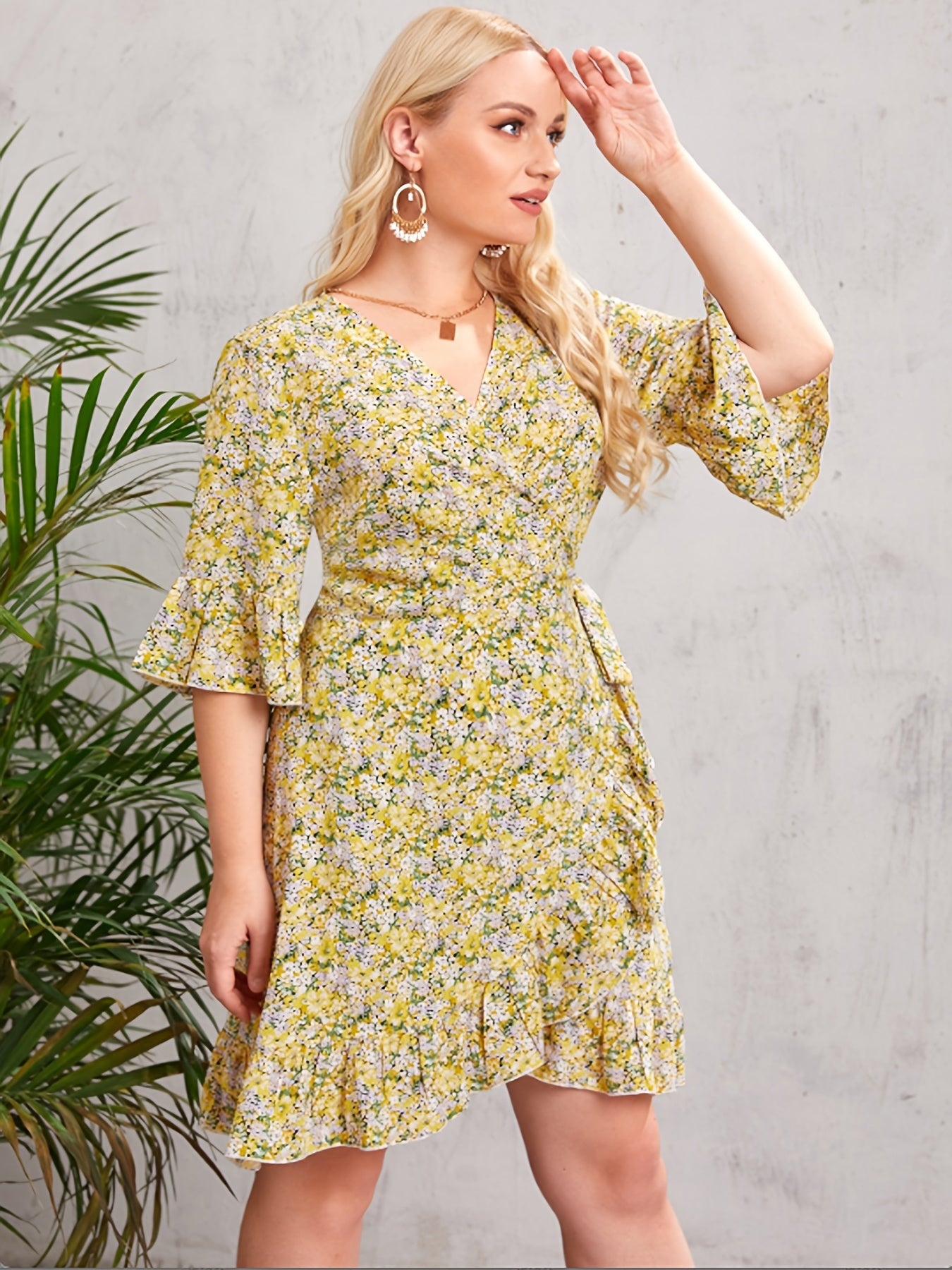 Floral Print V Neck Belted Wrap Midi Dress