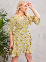 Floral Print V Neck Belted Wrap Midi Dress